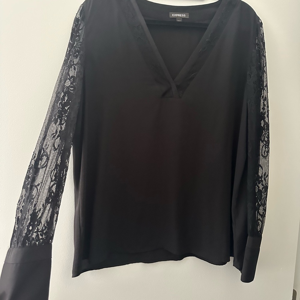 Express Women's Black Top with Lace Sleeves